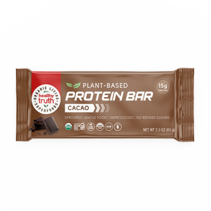Front view of chocolate protein bar.