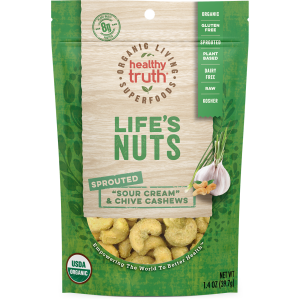 The front of a package of Life’s Nuts “sour cream” & chive sprouted cashews