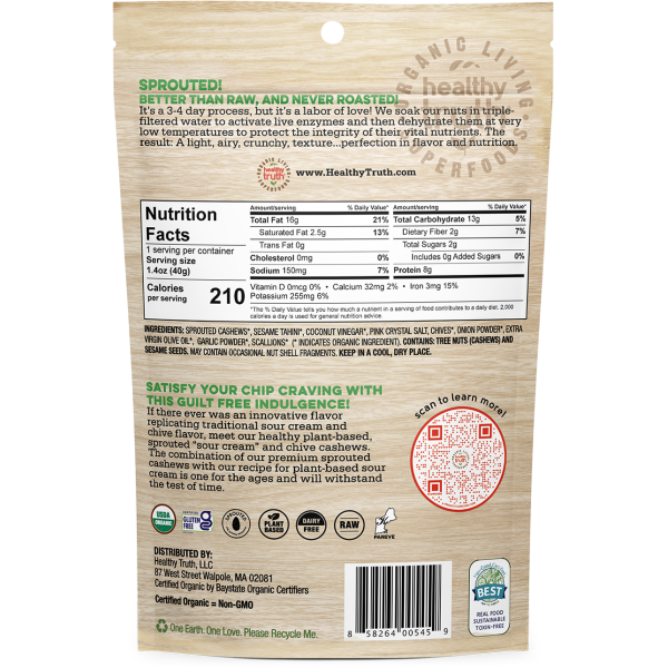 The back of the page of sprouted cashews with the nutritional label