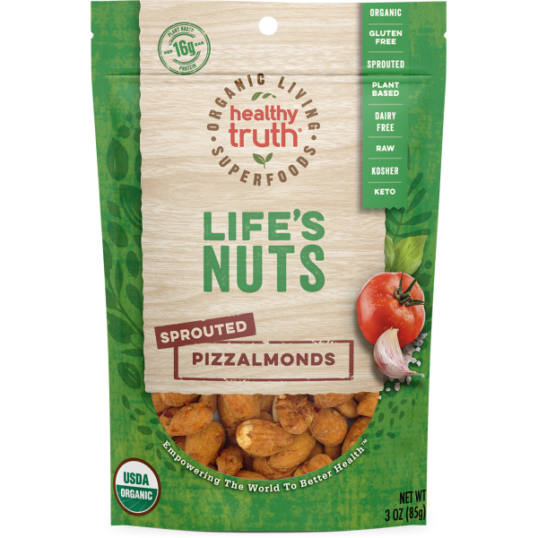 The front of a package of Life’s Nuts Pizzalmonds