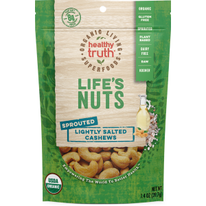 The front of a package of Life’s Nuts Lightly Salted Cashews