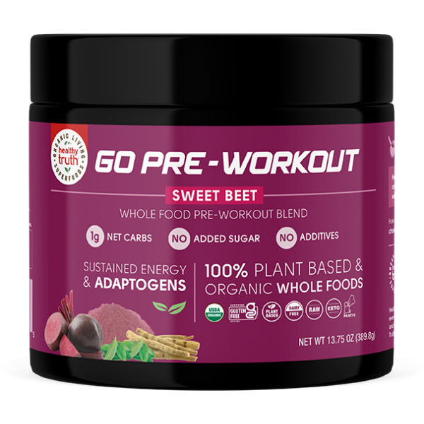 Front view of GO Pre-Workout Blend.