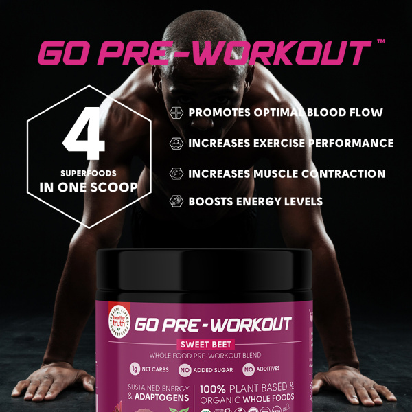 Rear view of GO Pre-Workout Blend, showing nutrition facts.