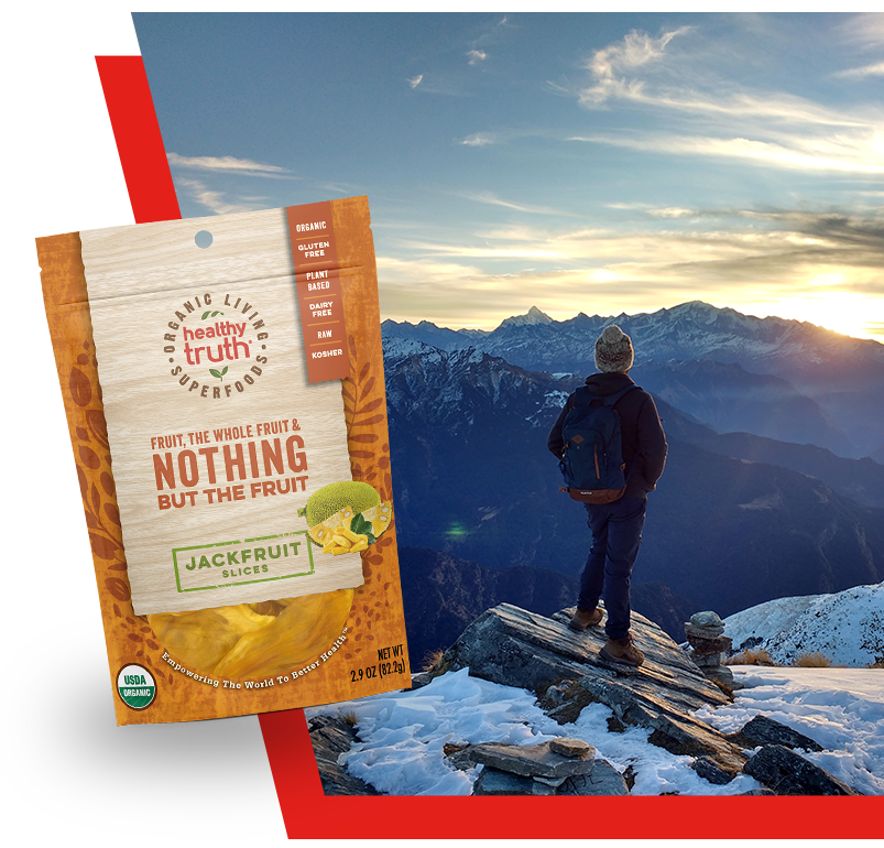 Bag of Organic raw dried jackfruit slices and man admiring mountain