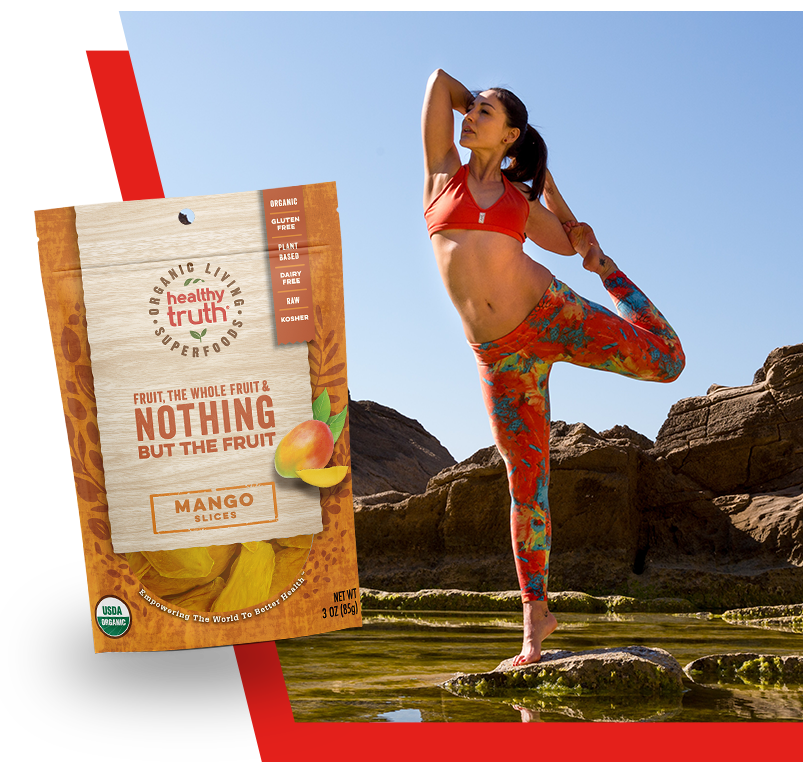 A bag of dried organic mango slices and girl doing yoga