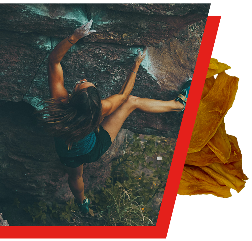 Dried mango slices and girl climbing